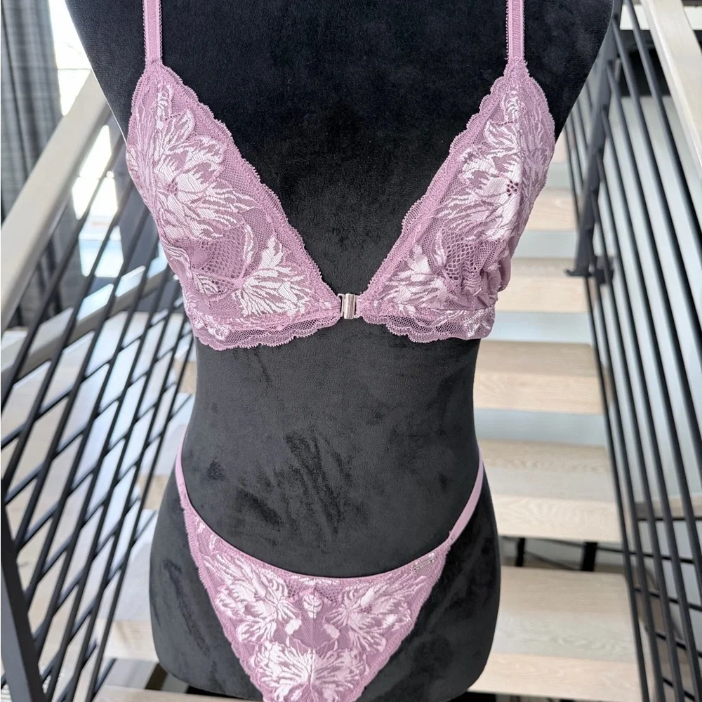 Lace Triangle Bralette & Thong Set — Dusty Mauve size S